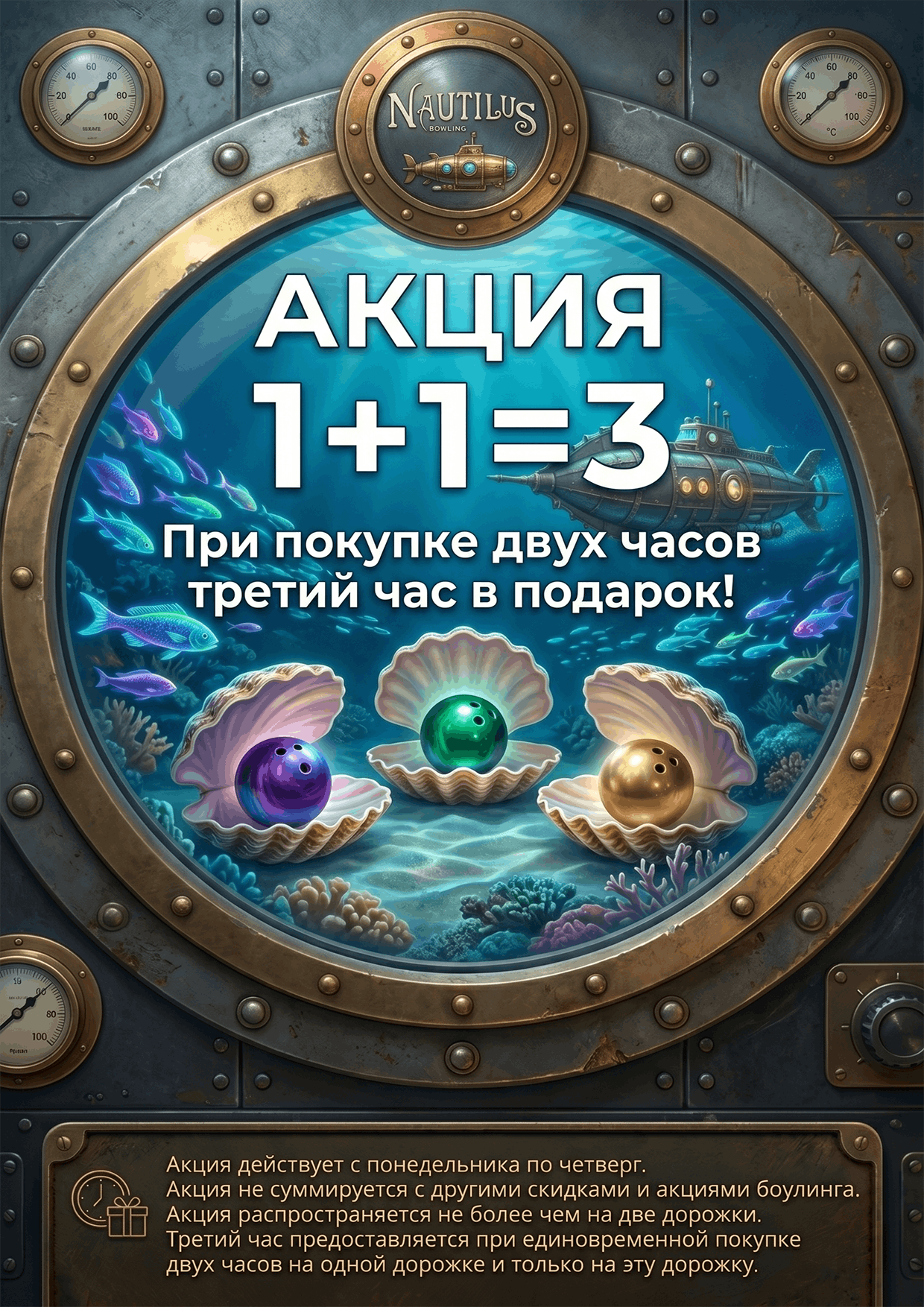 Плакат акции 2+1: третий час боулинга в подарок